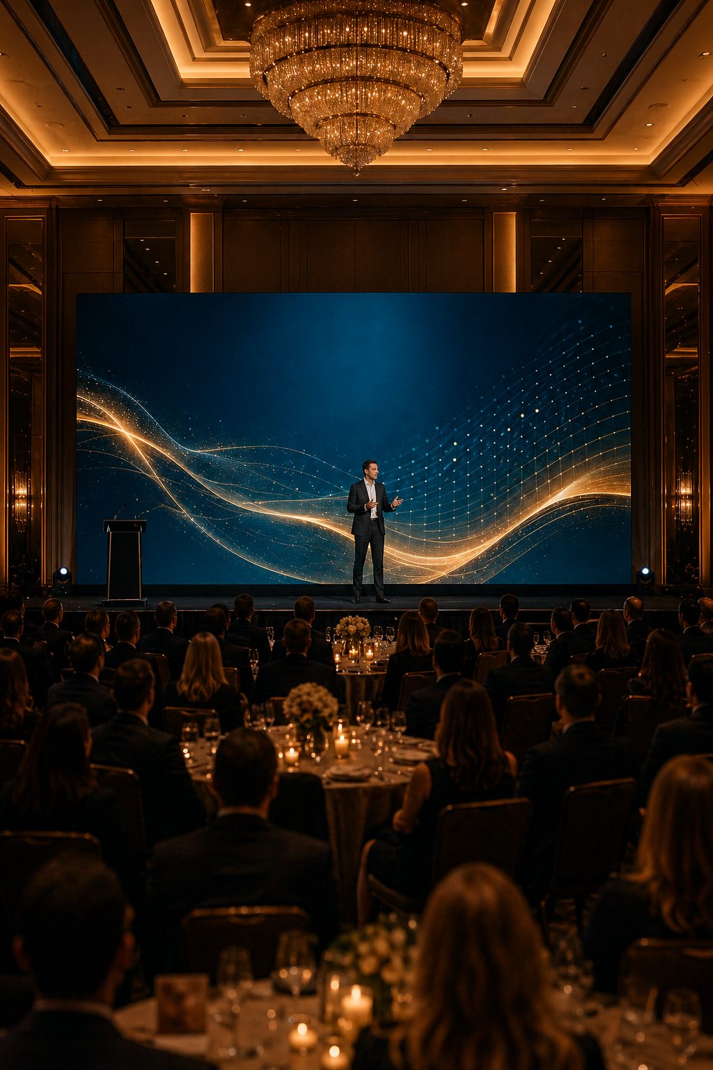 Corporate event stage with branded LED wall