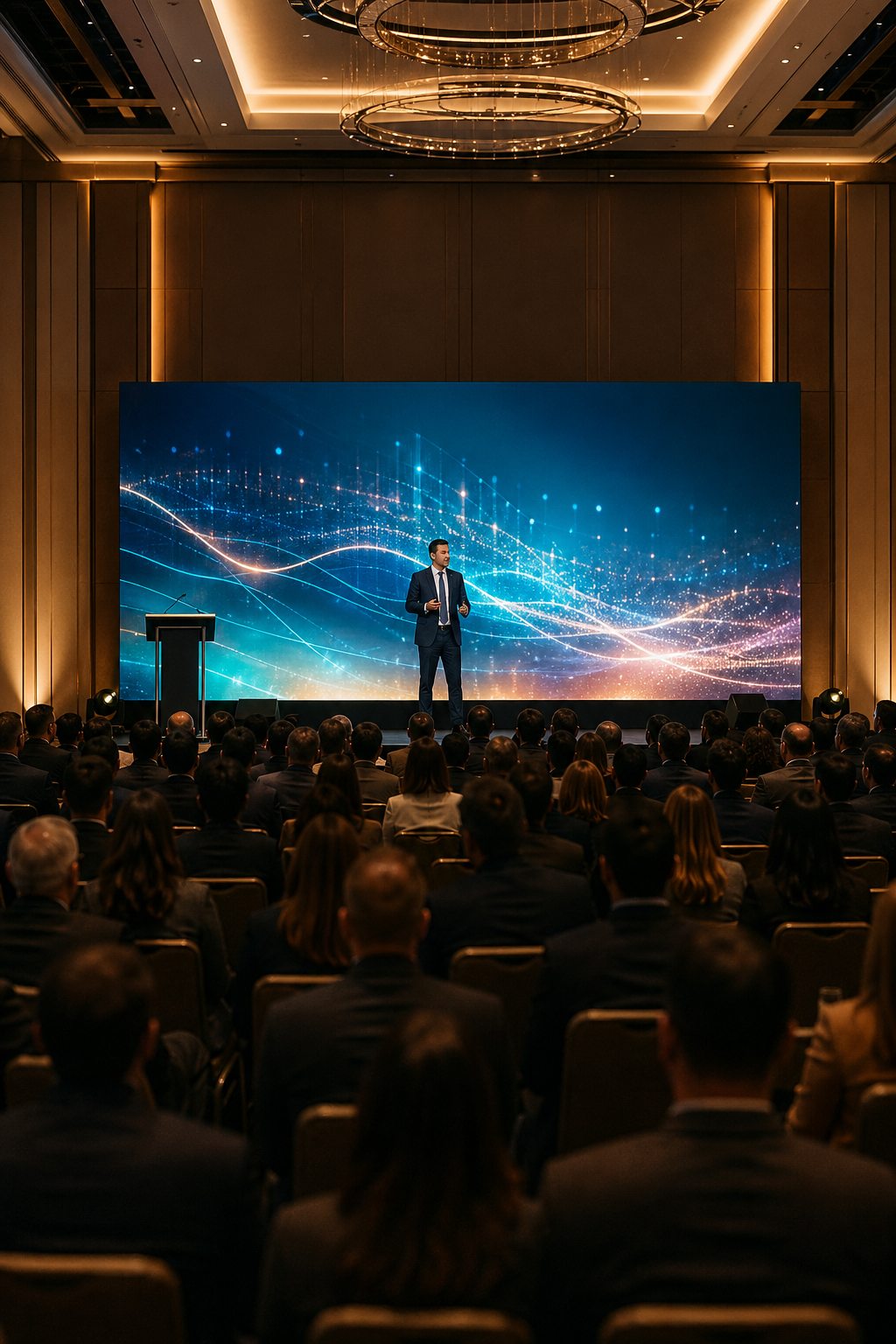 Professional seminar stage with large LED presentation wall