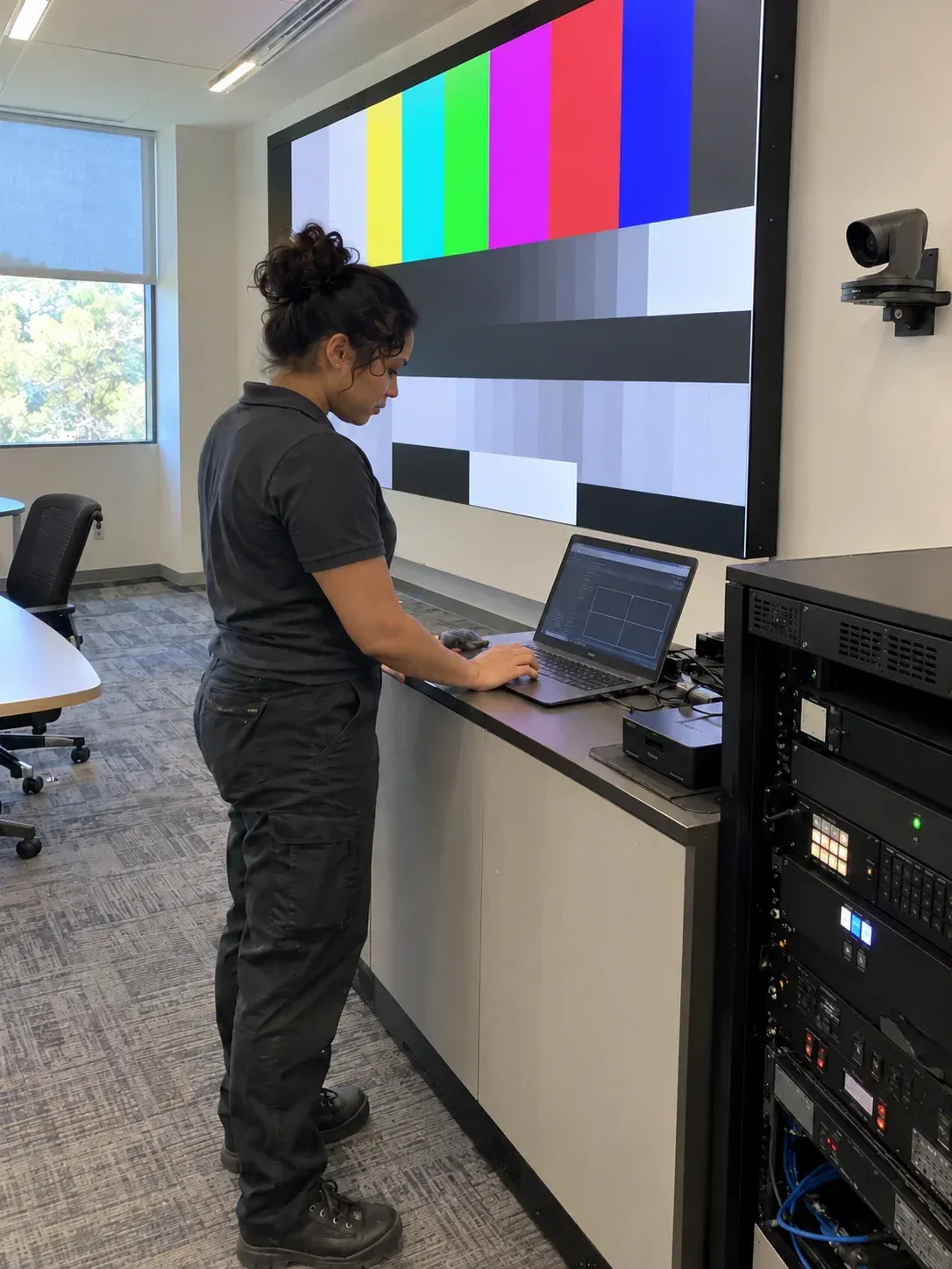 Technician commissioning an LED wall with test patterns on screen