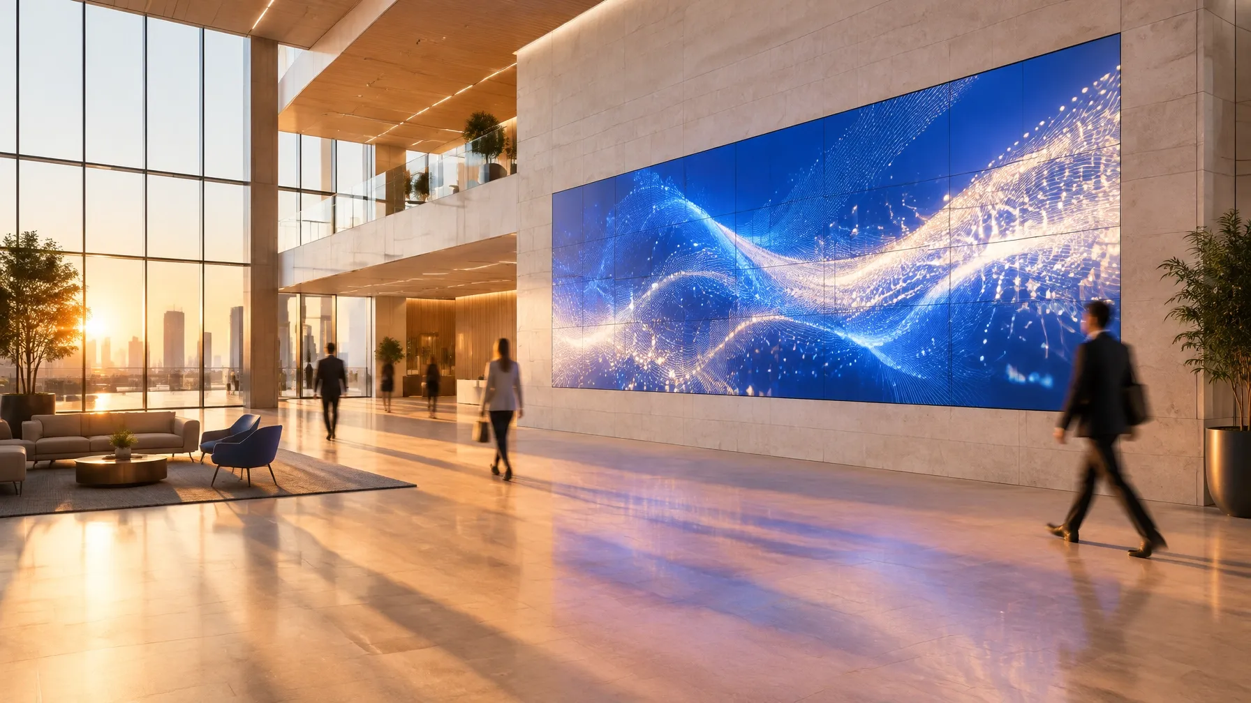 Bright office lobby with a large LED feature wall