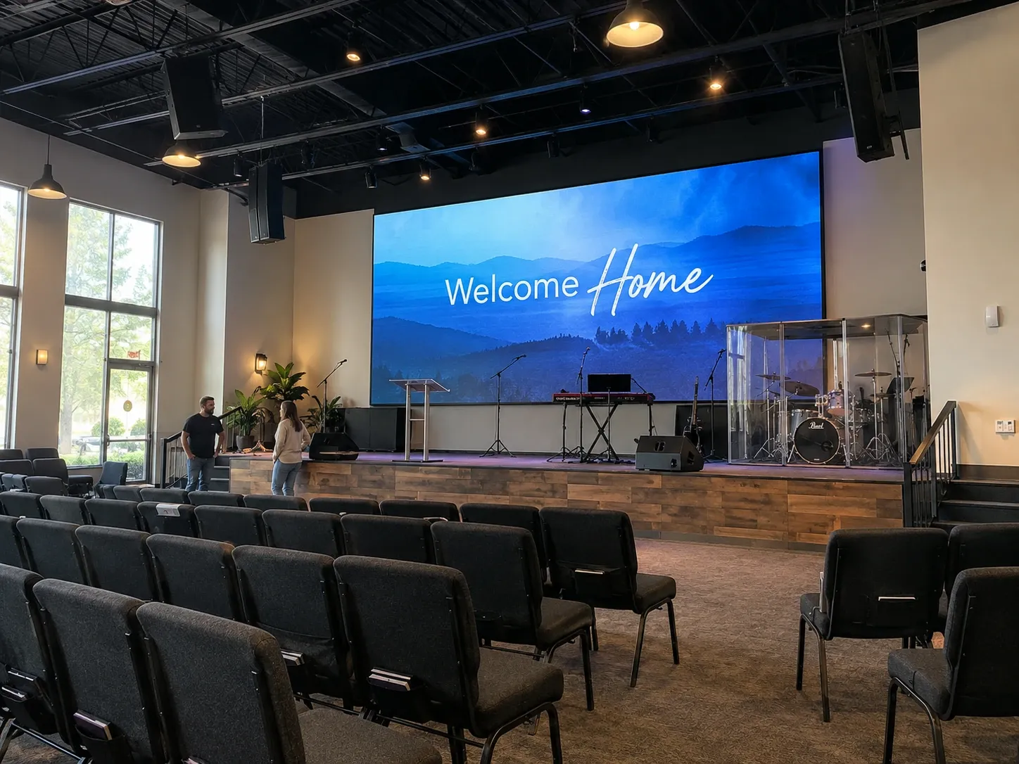 A large LED video wall displaying a Welcome Home graphic behind the stage in a bright church auditorium, with rows of seating in the foreground