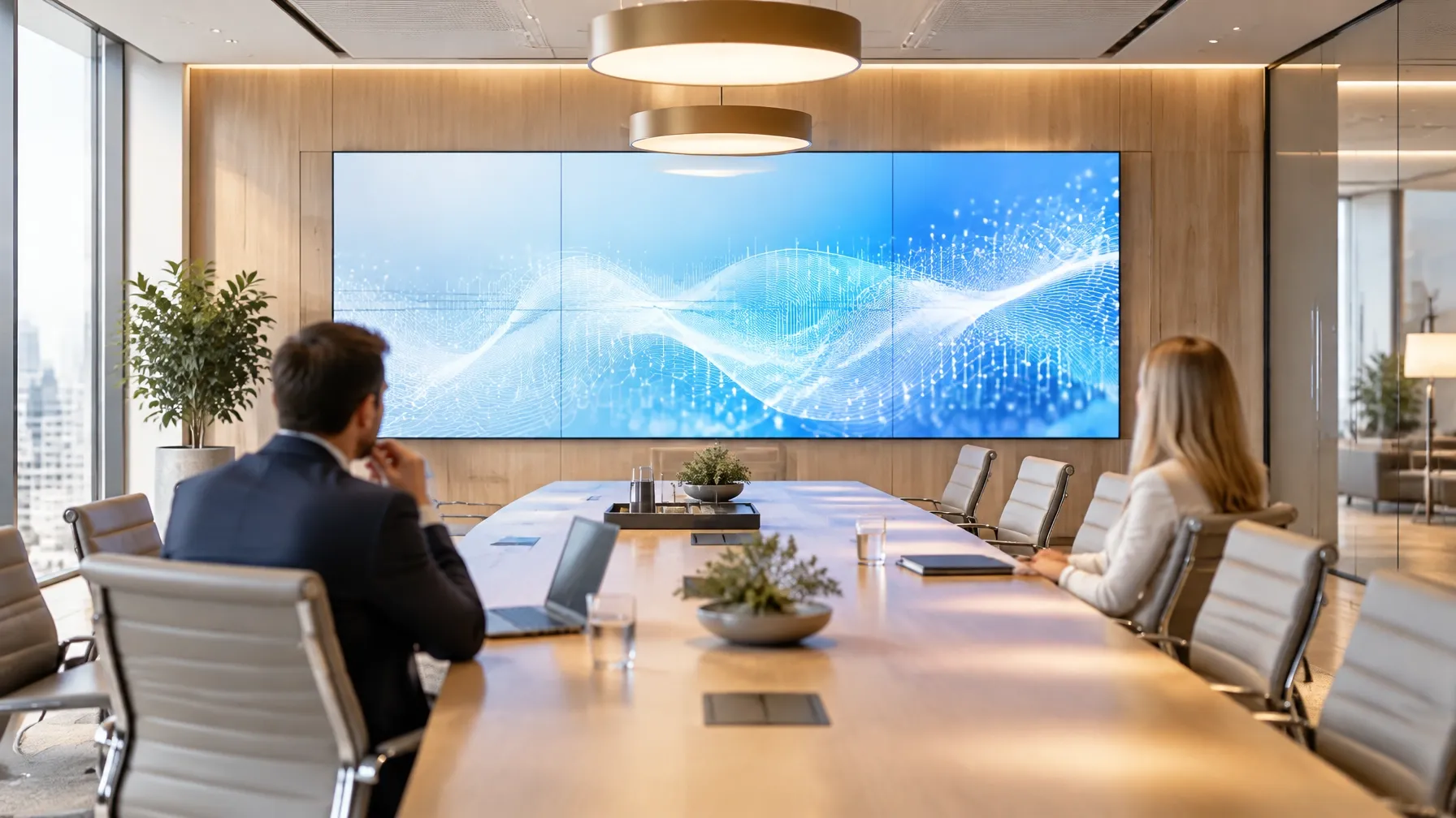 Illustrative corporate briefing room with an LED wall