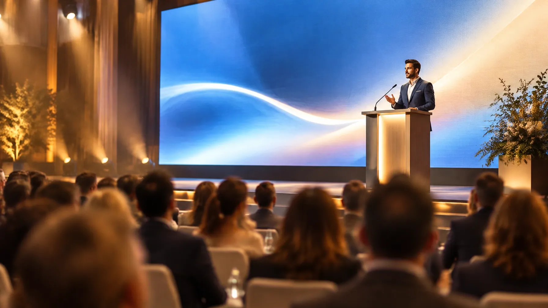 Illustrative conference stage with an LED backdrop