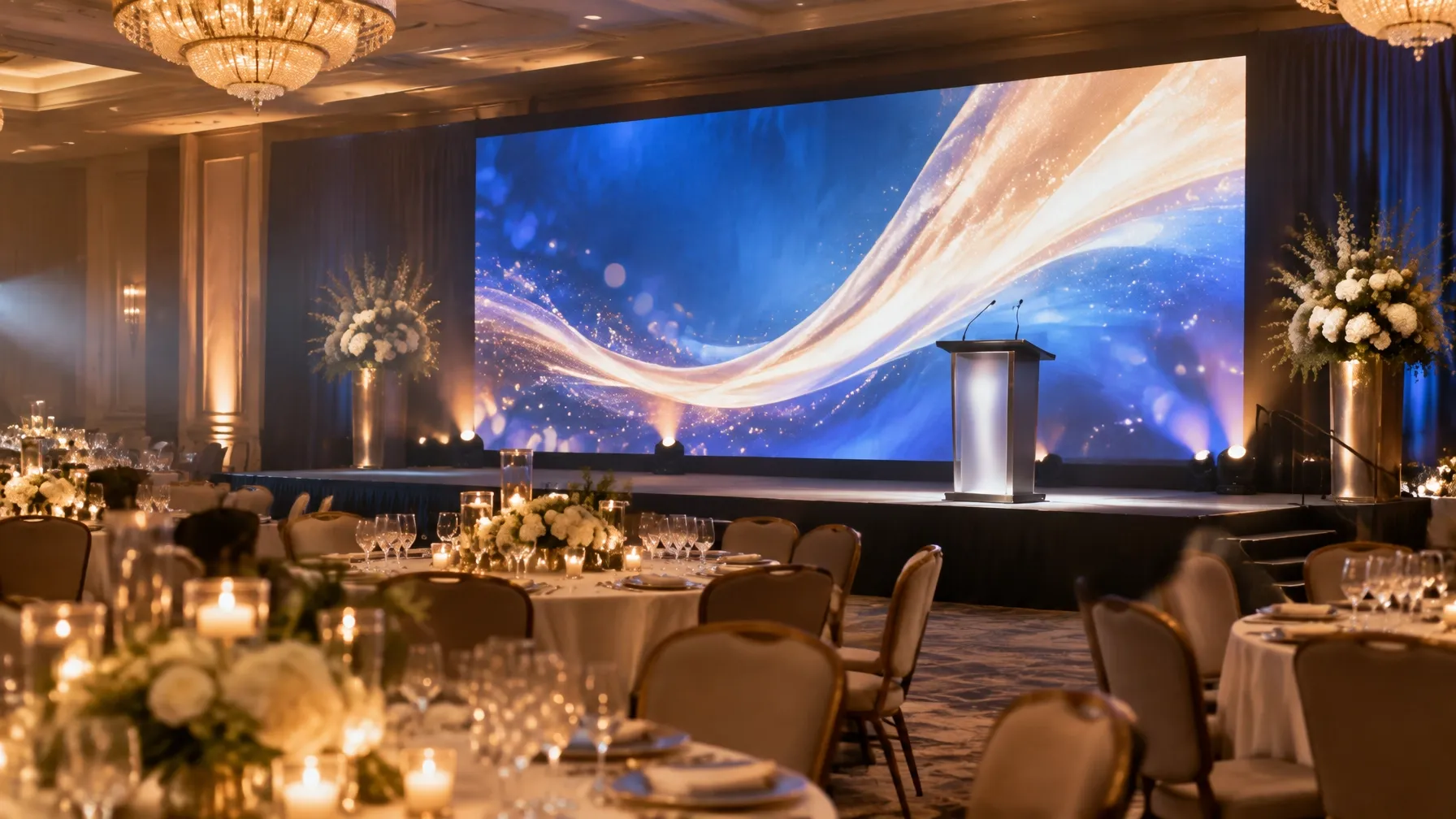 Conference stage backdrop — illustrative example application in a events venue