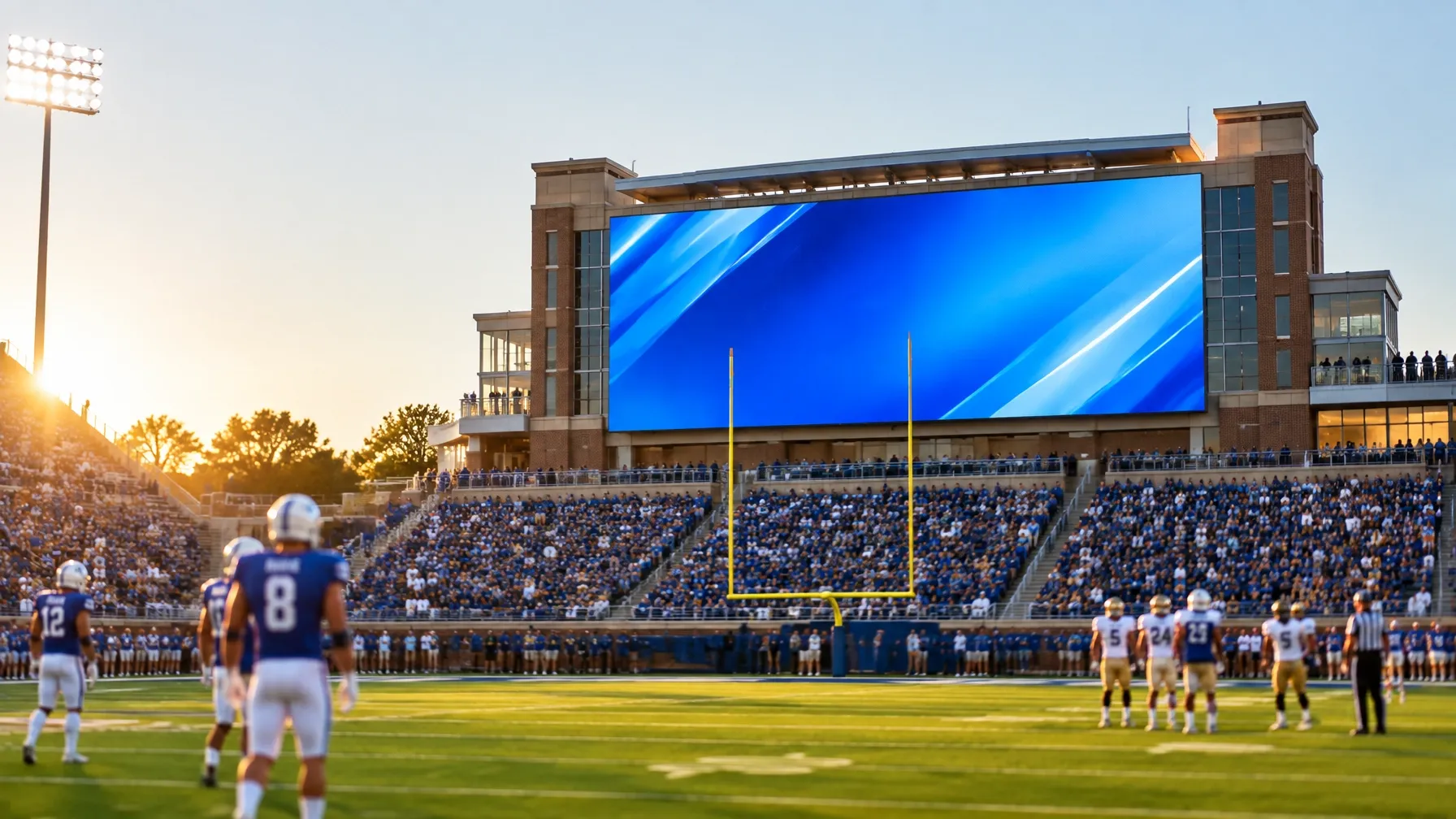 Outdoor stadium end-zone display showing blue graphics above a crowd